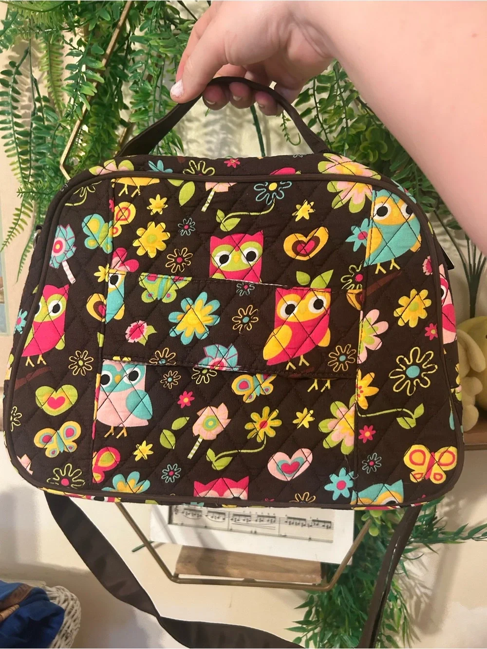 Brown Quilted Owl Print Crossbody diaper Bag